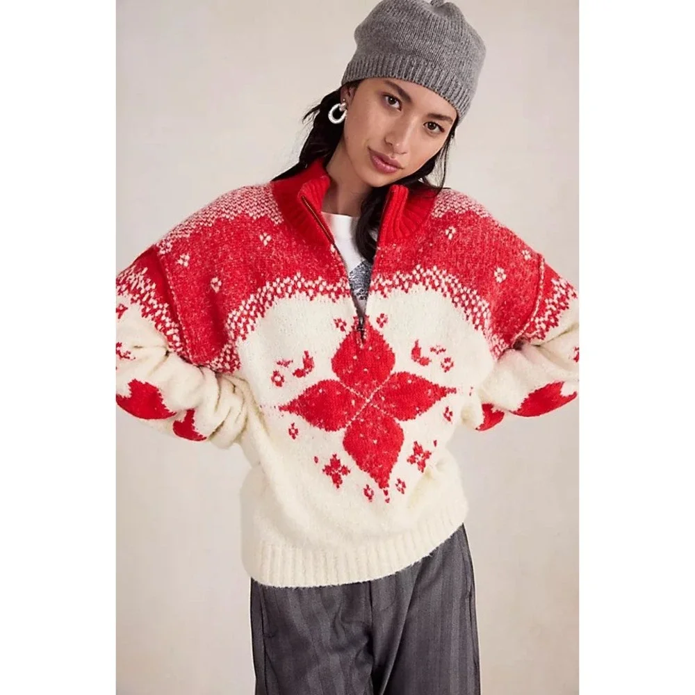 Free People Mythical Knit Sweater - Vanilla Scarlet Combo Size: L